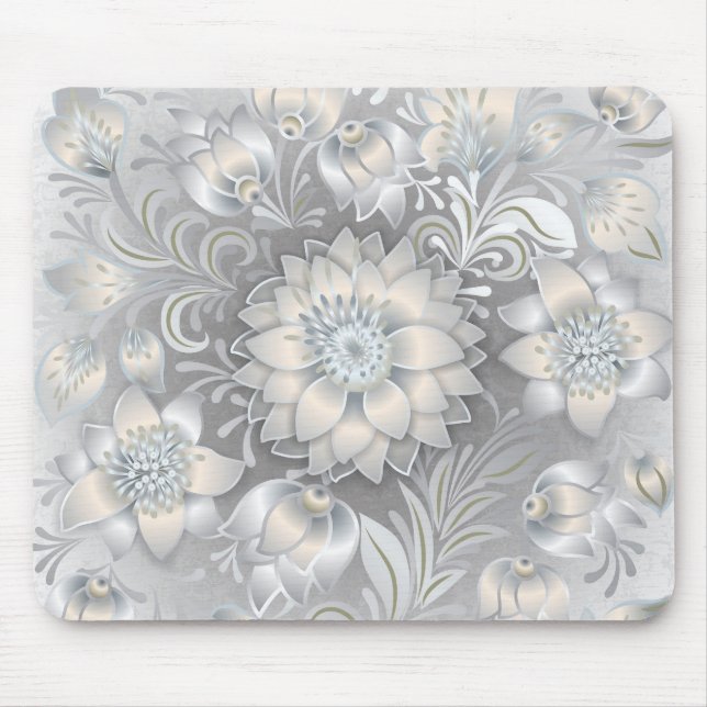 Shabby Chic Floral Neutral Grey White Silver Mouse Pad (Front)