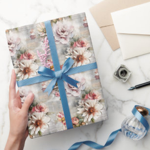 Shabby Chic Floral On Distressed Background Wrapping Paper