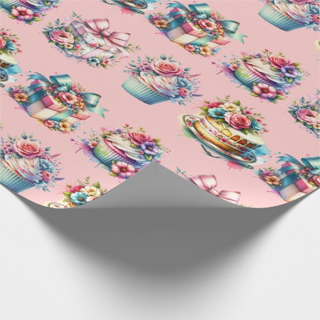 Shabby Chic Floral Pink and Blue Birthday Wrapping Paper (Corner)