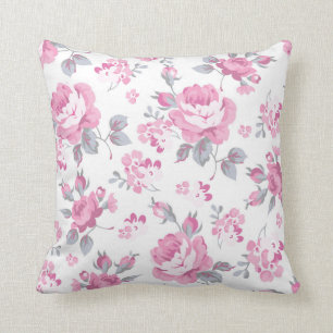 shabby chic floral, pink pattern,pale roses,white, cushion