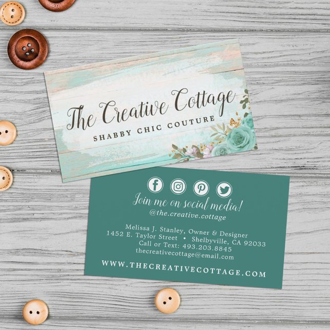 Shabby Chic Floral Rustic Wood Social Media Icons Business Card (Creator Uploaded)