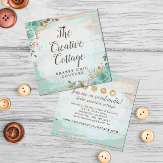Shabby Chic Floral Rustic Wood Social Media Icons Square Business Card