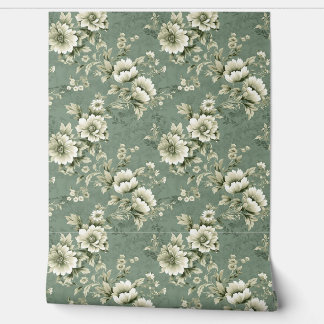 Shabby chic floral soft pastel green ivory roses wallpaper