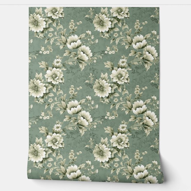 Shabby chic floral soft pastel green ivory roses wallpaper (Unrolling)