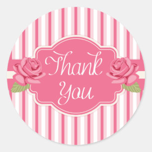Shabby Chic Floral Thank You Pink Roses & Stripes Classic Round Sticker