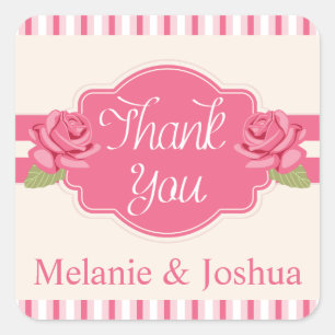 Shabby Chic Floral Thank You Pink Roses & Stripes Square Sticker