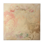 Shabby Chic Floral Tile<br><div class="desc">Vintage sculpted scrollwork on a distressed linen background with rose border embellishment.</div>