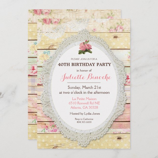 Shabby Chic Floral Wood Birthday Invitation (Front/Back)