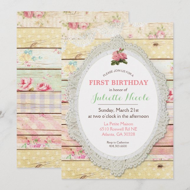 Shabby Chic Floral Wood First Birthday Invitation (Front/Back)