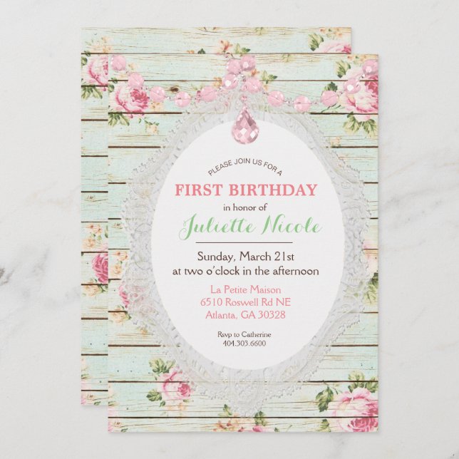 Shabby Chic Floral Wood First Birthday Invitation (Front/Back)