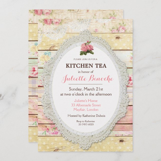 Shabby Chic Floral Wood Kitchen Tea Invitation (Front/Back)