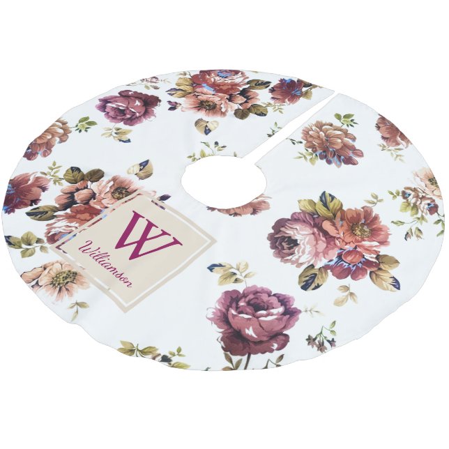 Shabby Chic Flowers on White - Personalised Brushed Polyester Tree Skirt (Angled)