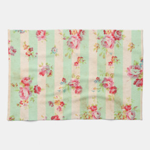 Shabby Chic Girly Red Green Roses Stripes Pattern Tea Towel