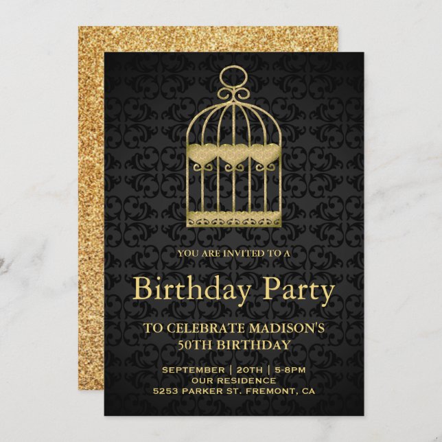 Shabby Chic Gold Birdcage Birthday Party Invitation (Front/Back)