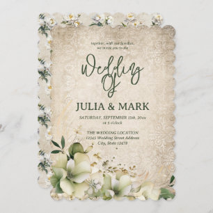 Shabby Chic Green And Beige Floral Wedding Invitation