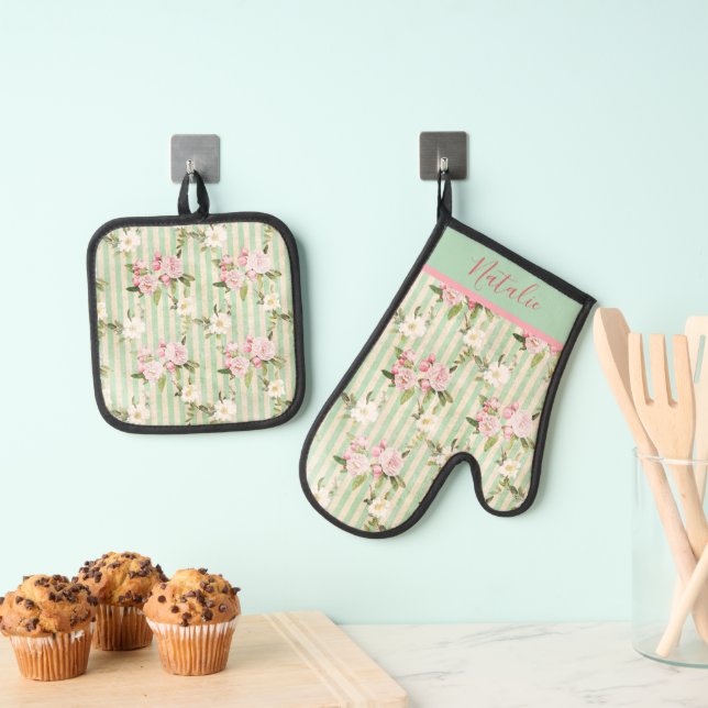 Shabby Chic Green White Stripes and Floral Oven Mitt & Pot Holder Set (Insitu(Hanging))