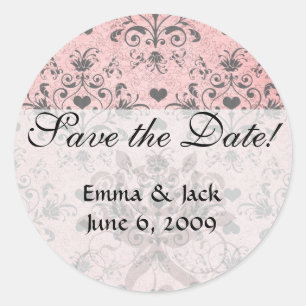 shabby chic grey heart swirl damask on grunge pink classic round sticker