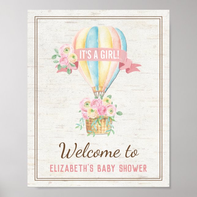 Shabby Chic Hot Air Balloon Pink Floral Shower Poster (Front)