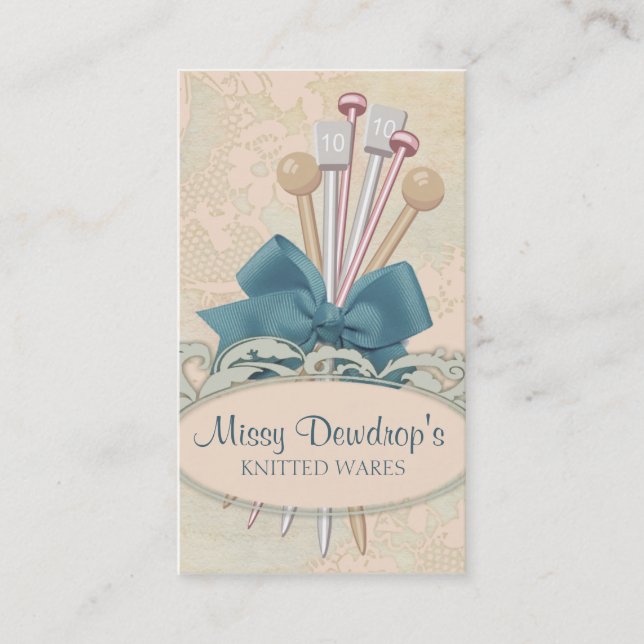 Shabby chic knitting needles bow lace business card (Front)