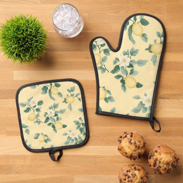 Shabby Chic Lemon Floral Series Design #2 Oven Mitt & Pot Holder Set (Top Down)