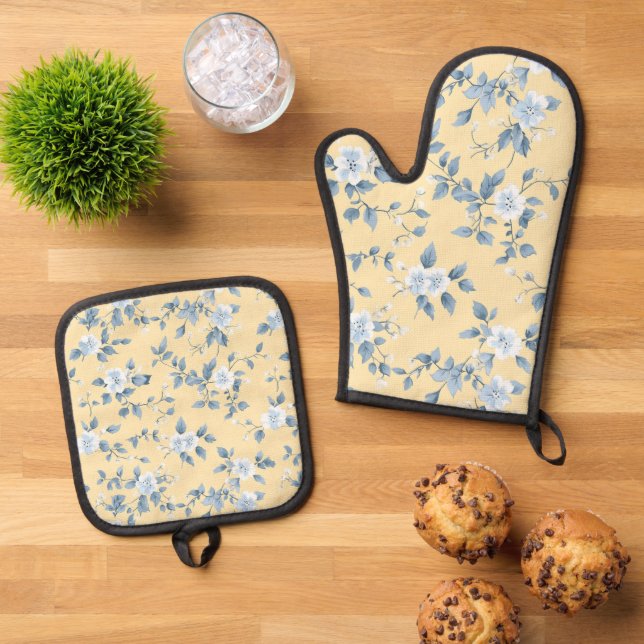 Shabby Chic Lemon Floral Series Design #7 Oven Mitt & Pot Holder Set (Top Down)