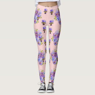 Shabby Chic Light Pink Dot Pansy Floral Leggings