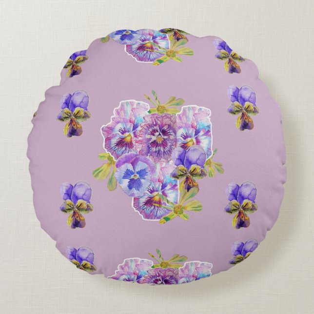 Shabby Chic Lilac Floral Flowers Round Cushion (Front)