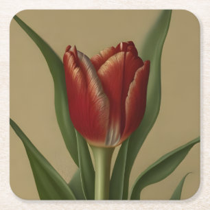 Shabby Chic Lovely Red Tulip Square Paper Coaster