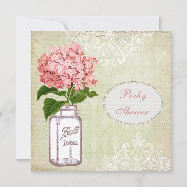 Shabby Chic Mason Jar & Hydrangea Baby Shower Invitation (Front)