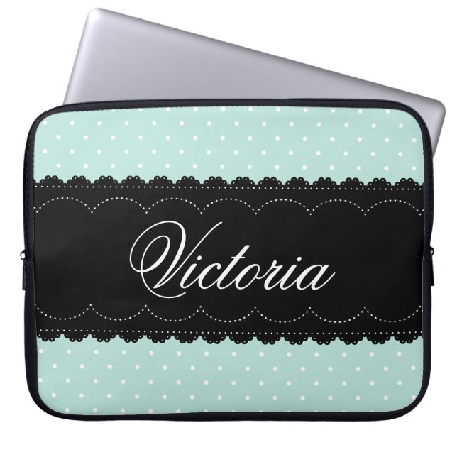Shabby Chic Mint Black Design Custom Name Laptop Sleeve (Front)