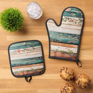 Shabby chic mixed patterns oven mitt & pot holder set