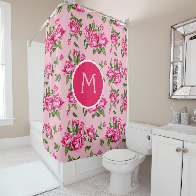 Shabby Chic Monogram Pink Roses Bath Shower Curtain (In Situ)