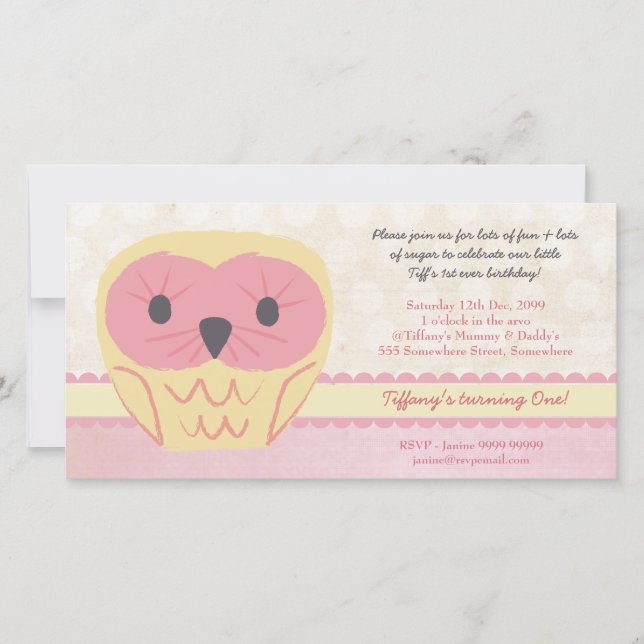 Shabby Chic Owl 1st Birthday Party Invite (Front)