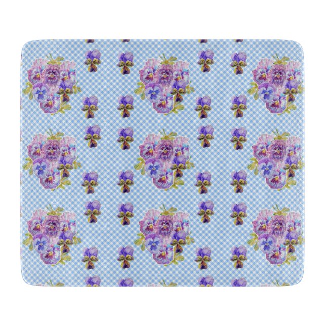 Shabby Chic Pansy Floral Blue Gingham Checks Cutting Board (Front)