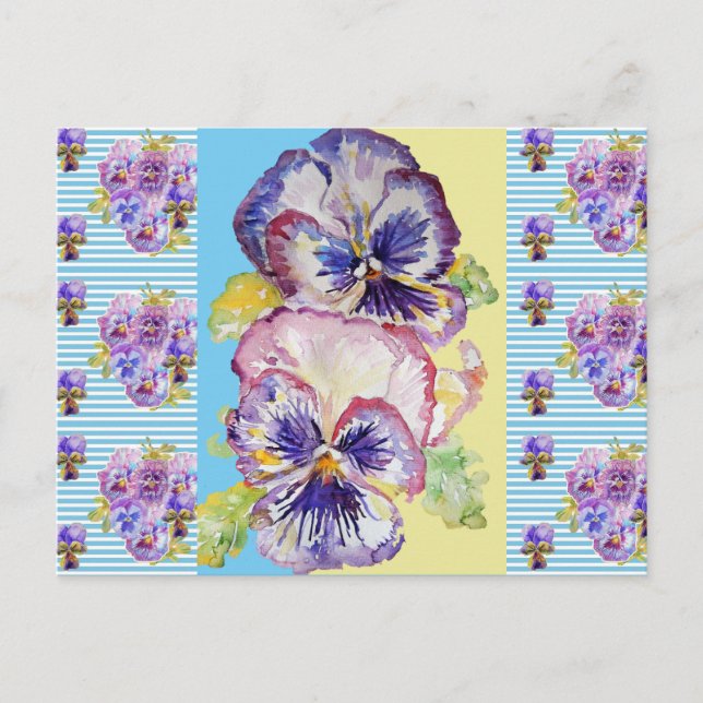 Shabby Chic Pansy Pastel Blue Stripe Art Postcard (Front)
