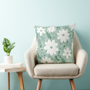 Shabby Chic Pastel Green Retro Daisy Patterned  Cushion