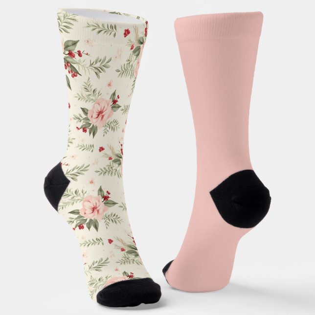 Shabby Chic Pastel Peach Floral Odd Mismatched Socks (Angled)
