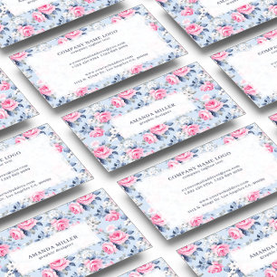 Shabby Chic Pastel Pink Roses Pattern On Blue Business Card