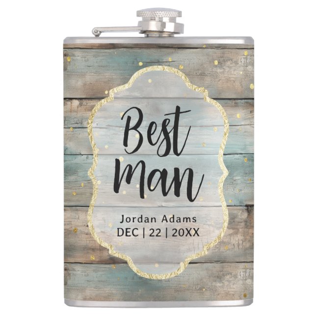 Shabby Chic Pastel Wood Wedding Best Man Hip Flask (Front)