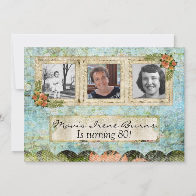 Shabby Chic Photo 80th Birthday Party Invitation (Front)