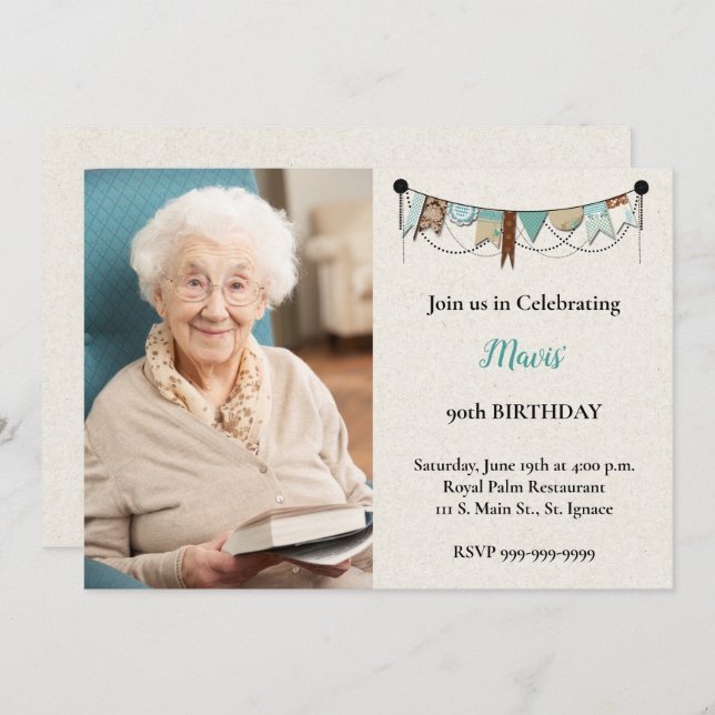 Shabby Chic Photo 90th Birthday Party Invitation (Front/Back)