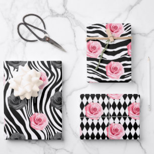 Shabby Chic Pink and Black Roses Zebra Stripes Wrapping Paper Sheet