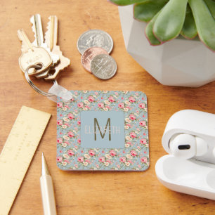 Shabby Chic Pink and Blue Cottage Roses and Flower Key Ring