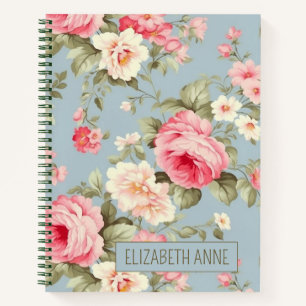 Shabby Chic Pink and Blue Cottage Roses and Flower Notebook