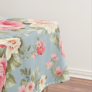Shabby Chic Pink and Blue Cottage Roses Tablecloth