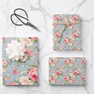 Shabby Chic Pink and Blue Cottage Roses Wrapping Paper Sheet