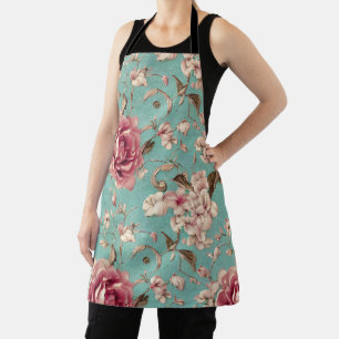 Shabby Chic Pink and White Florals on Teal Apron