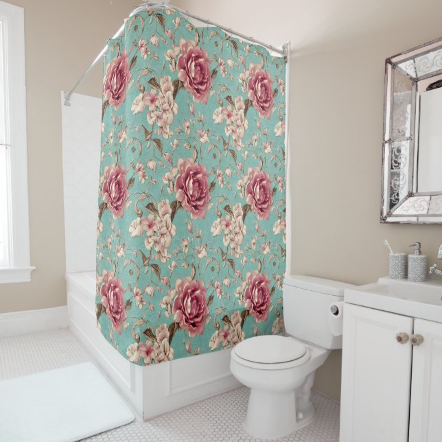 Shabby Chic Pink and White Florals on Teal Shower Curtain (In Situ)