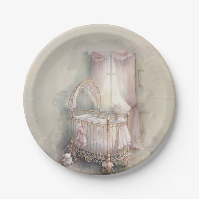 Shabby Chic pink baby crib Paper Plate (Front)