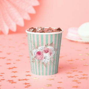 Shabby Chic Pink Bouquet Stripes  Paper Cups